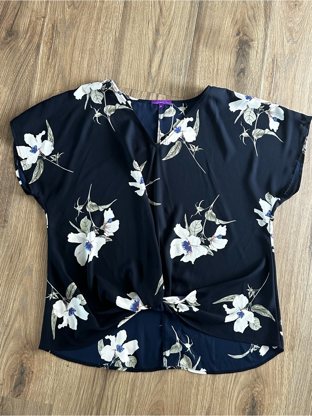 West Kei Navy Floral Twist-Front Top